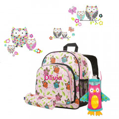 Personalised Backpack - Owl with pencil case, bottle holder and pack of wall stickers